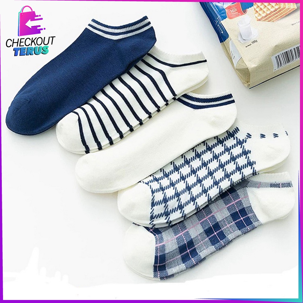 CT P187 Kaos Kaki Pendek Wanita Motif Kotak Biru Kaus Kaki Pendek Wanita Dewasa Fashion Korean Style