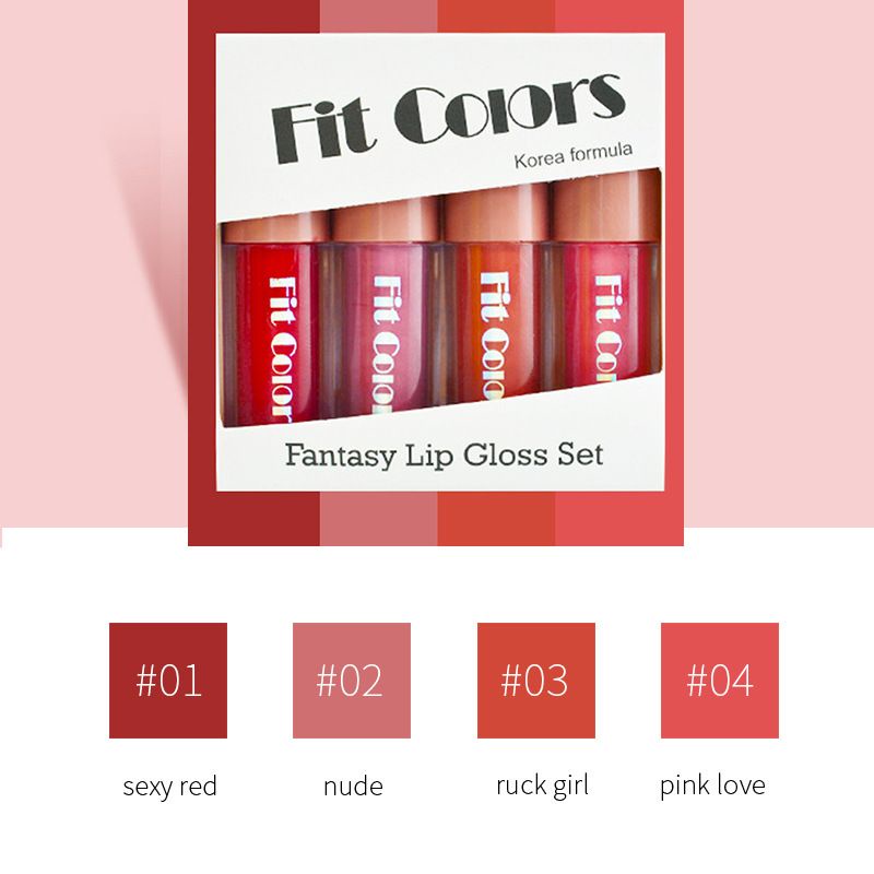 ( FANTASY Lip Gloss Set ) 4 In 1 FIT COLORS Original Lip Gloss Set Korea Formula Moisturizing Waterproof Terlaris