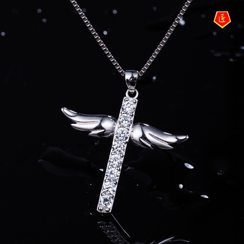 [Ready Stock]Full Diamond Cross Angel Wings Pendant Necklace Fashion Simple