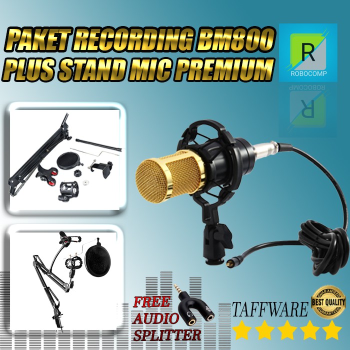 MICROPHONE BM800+STAND MIC PREMIUM+HOLD SMARTPHONE+POP FILTER+AUDIO SPLITTER PAKETAN MURAH SMULE