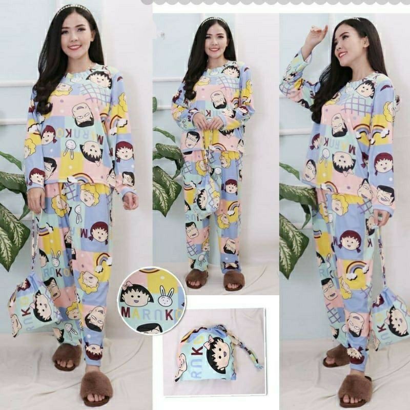 Piyama 508 Import Baju Tidur Chibi Maruko Chan Panjang Anak Perempuan Remaja Cewek Wanita Dewasa