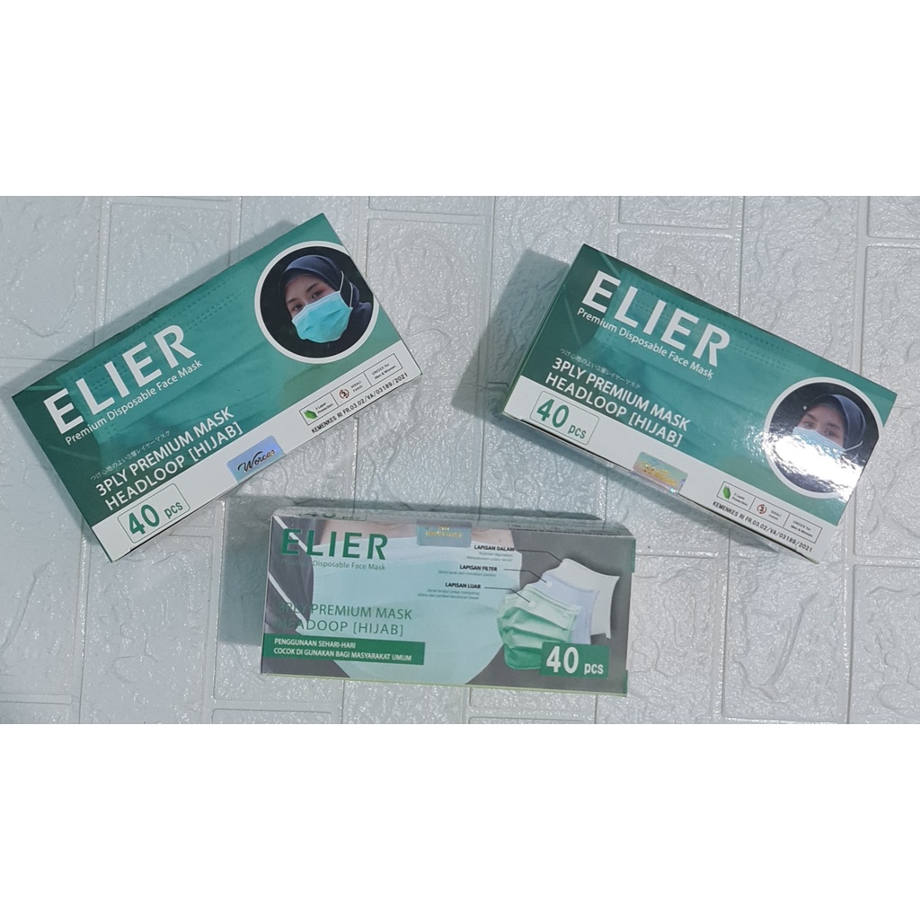 Masker ELIER BOSON 3ply hijab 40pcs headloop kemenkes facemask