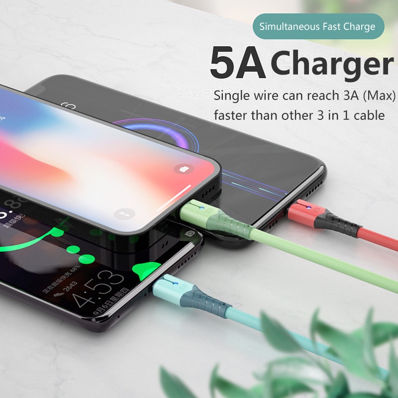 Kabel Data / Charger Micro Usb / Tipe-C / Lightning 3in1 Fast Charging 5A Bahan Silikon Dengan Lampu Led