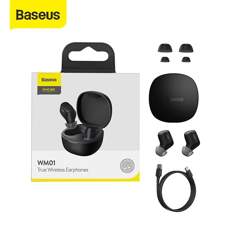 BASEUS TRUE WIRELESS BLUETOOTH EARPHONE MINI EARBUDS TWS WM01-Hitam
