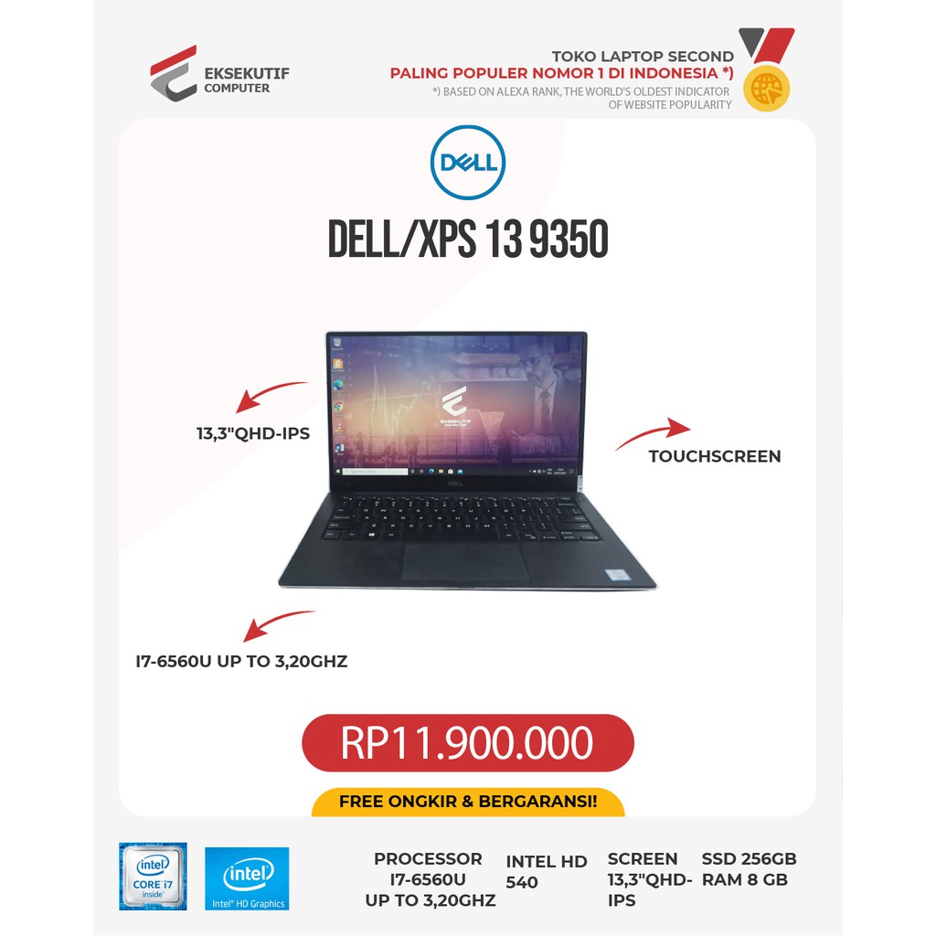 DELL XPS 13 9350 I7-6560U UP TO 3,20GHZ/8GB/SSD 256GB/INTEL HD 540/13,3"QHD-IPS+/WEBCAM/MIC/BLUETOOT