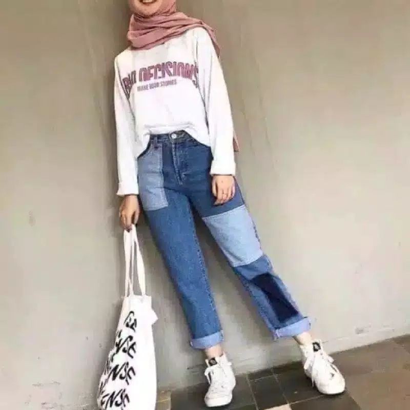 FREE BELT/ CELANA BOYFRIEND WANITA KEKINIAN/ BOYFRIEND STYLE OOTD- HOPYLOVY - Celana Wanita Boyfriend Jeans Ripped Patch Sablon BF Necia