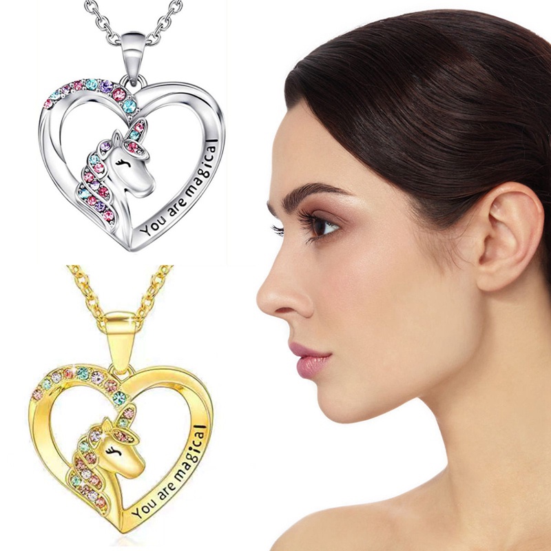 Kalung 925 Sterling Silver Bentuk Unicorn Hati Aksen Kristal Berlian Untuk Hadiah Ulang Tahun Anak Perempuan