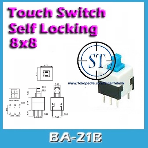 BA-21B Touch Switch 8x8 Self Locking Switch 8*8 mm 6 Kaki Off-On-Off Saklar Tombol Tekan