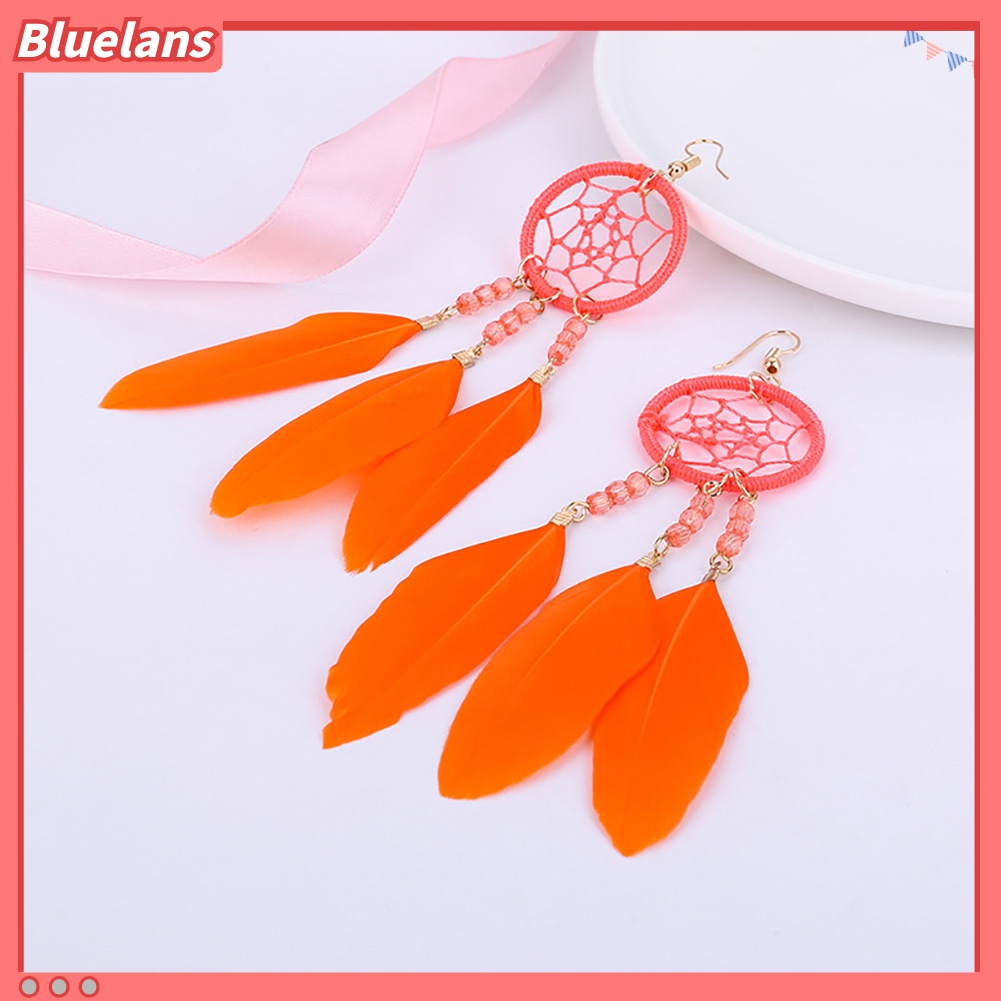 Anting Kait Gantung Desain Dream Catcher Hollow Hias Manik-Manik Bulu Gaya Bohemia Untuk Wanita