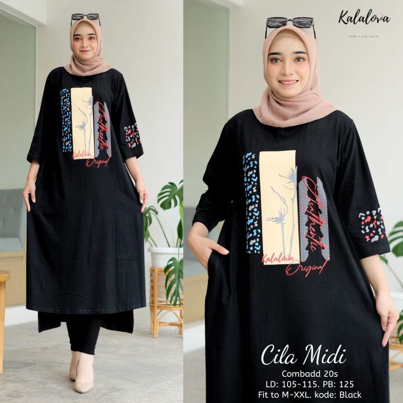 Cila Midi Dress Korea Muslim Baju Kaos Wanita Jumbo Ootd Kekinian Gamis Remaja Matt Combed 24s