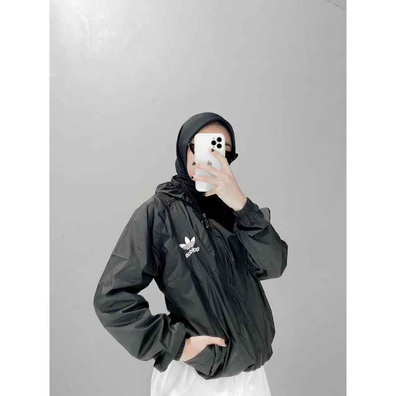 Jaket Olahraga Parasut Pria dan Wanita , Sauna Suit, Jogging, Lari, Bersepeda, Despo, Gym Fitnes, Senam, Pria dan Wanita-HITAM ADIDAS