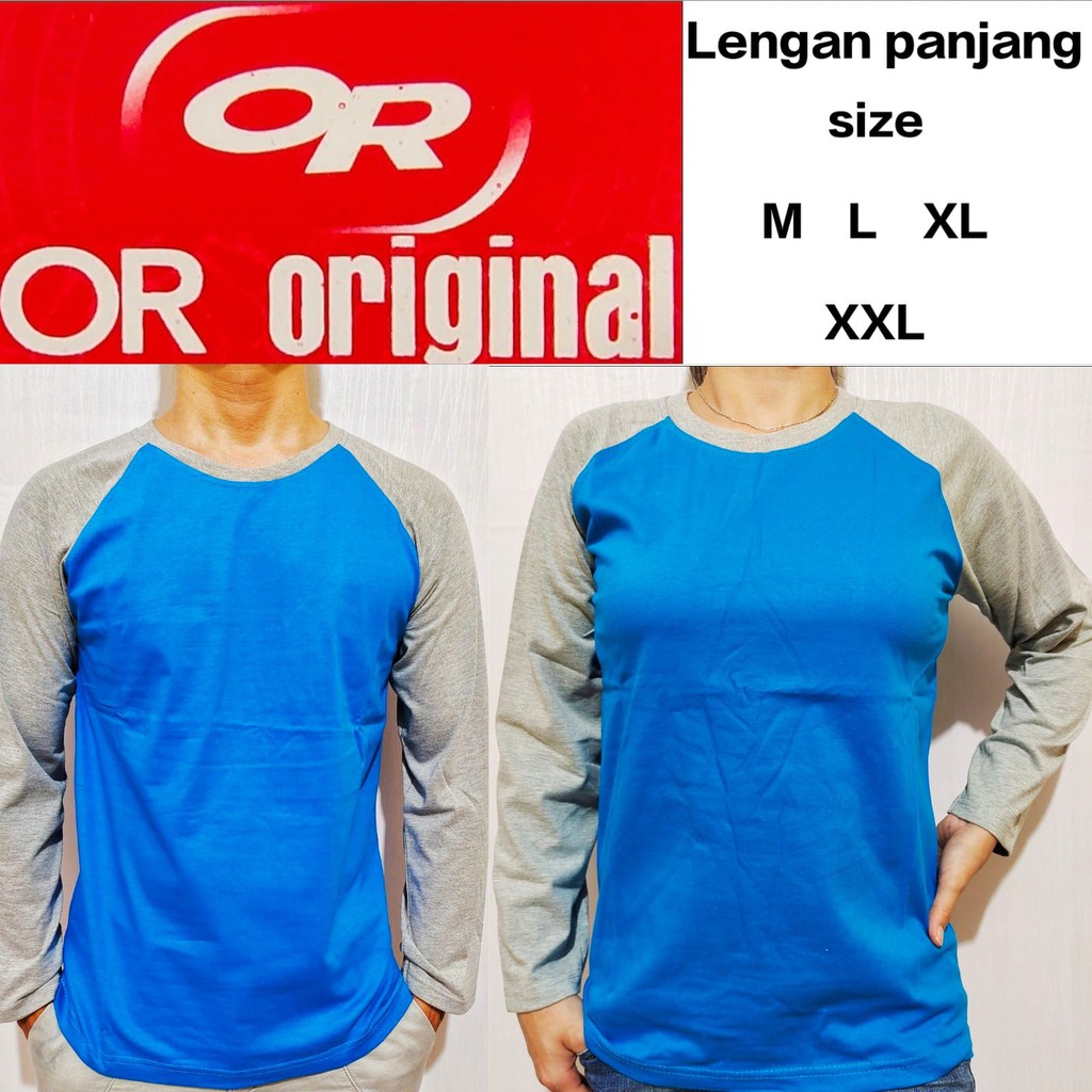 Kaos polos raglan biru turkis lengan abu misty panjang M L XL XXL