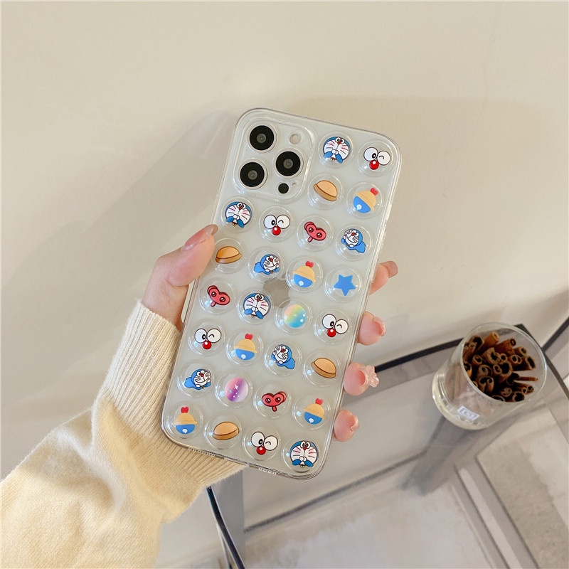 Fashion Cartoon cute Doraemon extrusion bubble Anti-fall phone case iPhone 11 12 Pro Max X XS XR 7 8 Plus SE 2020 transparent Shockproof Case