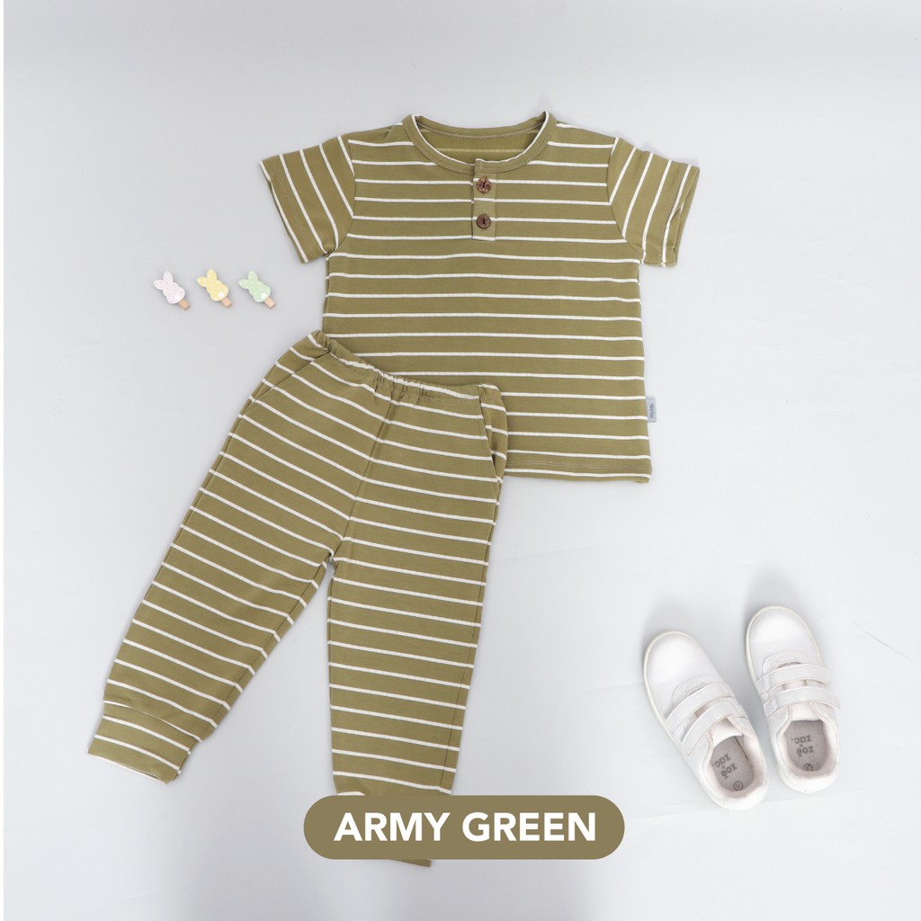 Mooi Setelan Anak Unisex Stripes Button Set-ARMY GREEN