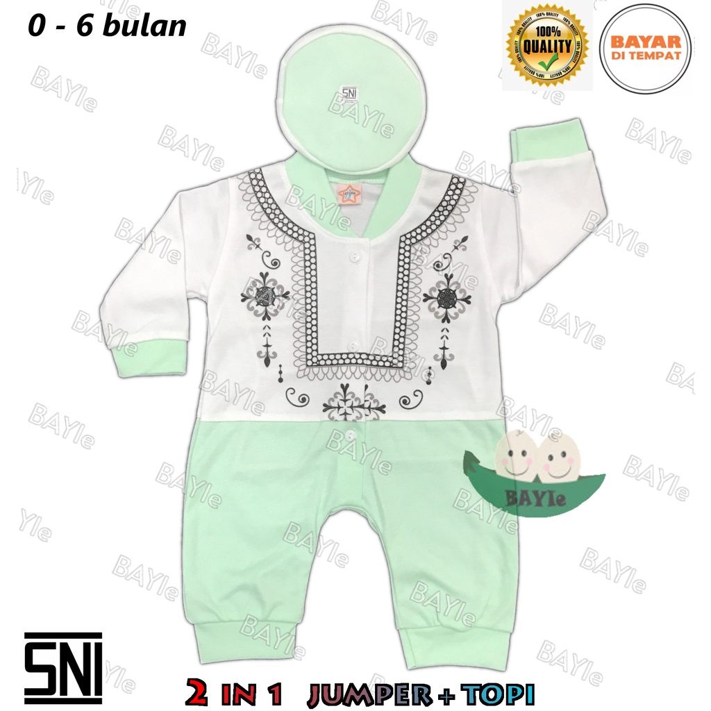 BAYIe - Baju Koko/Muslim+Kopiah/Peci Anak/Bayi Laki-Laki JUMPER/Hansop/Romper 1504 LITTLE SNI 0-6 bulan-HIJAU