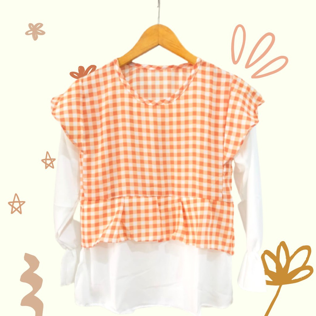 Tiara gingham top kombinasi / 2tone gingham shirt / atasan wanita cantik