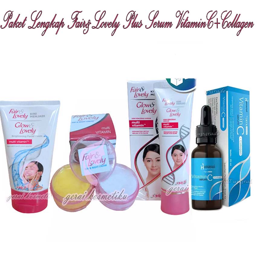 Paket 4in1 Fair &amp; Lovely Facial Foam 50ml- cream Siang Malam - pelembab 25gr -serum hanasui vitamin C+Collagen BPOM