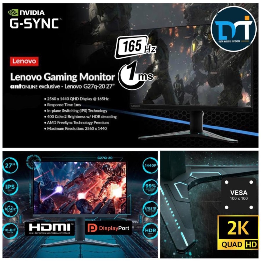 Lenovo G27Q-20 27" Inch - QHD IPS 165Hz 1ms G-Sync HDMI DP monitor