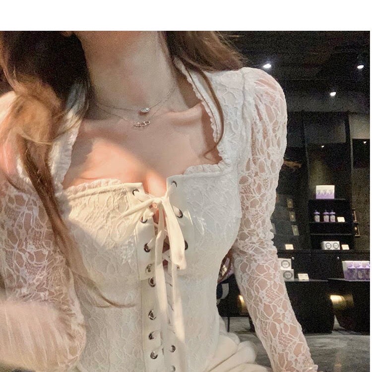 Suhao Awal Musim Semi Lace Pakaian Dalam Wanita Lengan Panjang T-Shirt Seksi Skinny Murni Lace T-Shirt