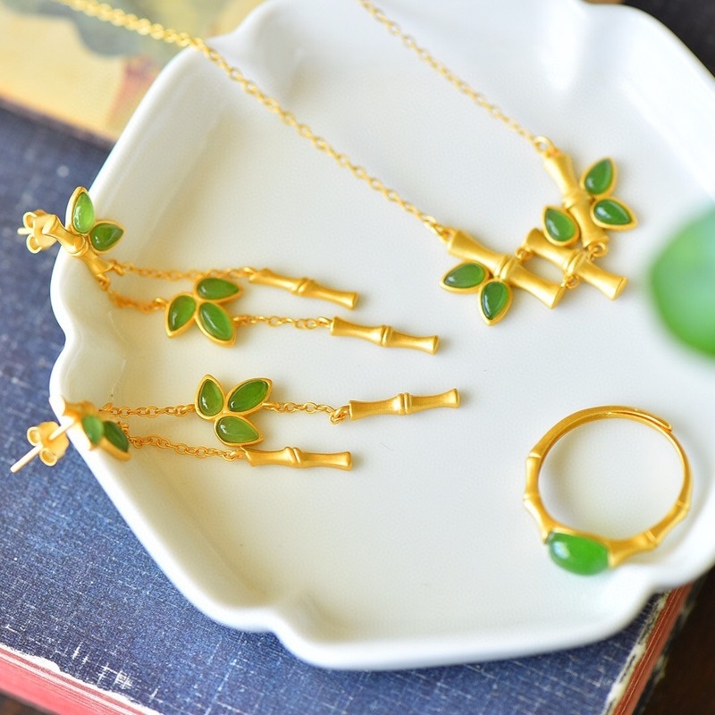 Hetian Jade Green Jade Bamboo Jewelry Set