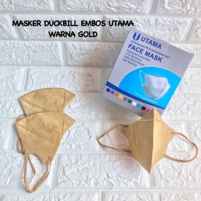 MASKER DUCKBILL EMBOS UTAMA WARNA ABU , HIJAU BOTOL , GOLD  1BOX 50PCS TERMURAH