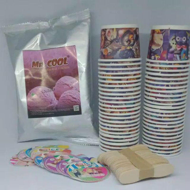 

paket lengkap usaha es cream bubuk 250 gram plus cup 50 sendok tutup