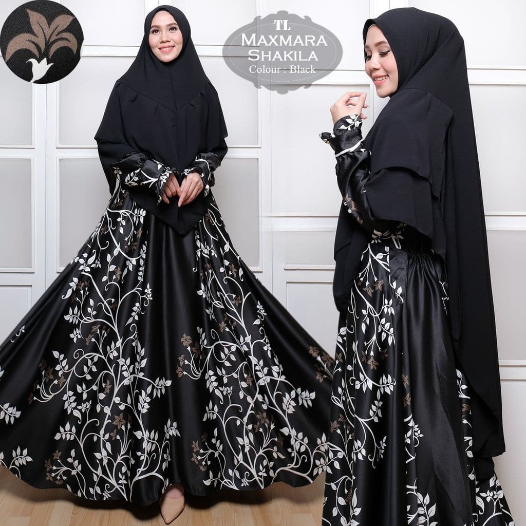 Baju dress Syari Maxmara Shakila Black White TL gamis wanita maxmara hitam murah