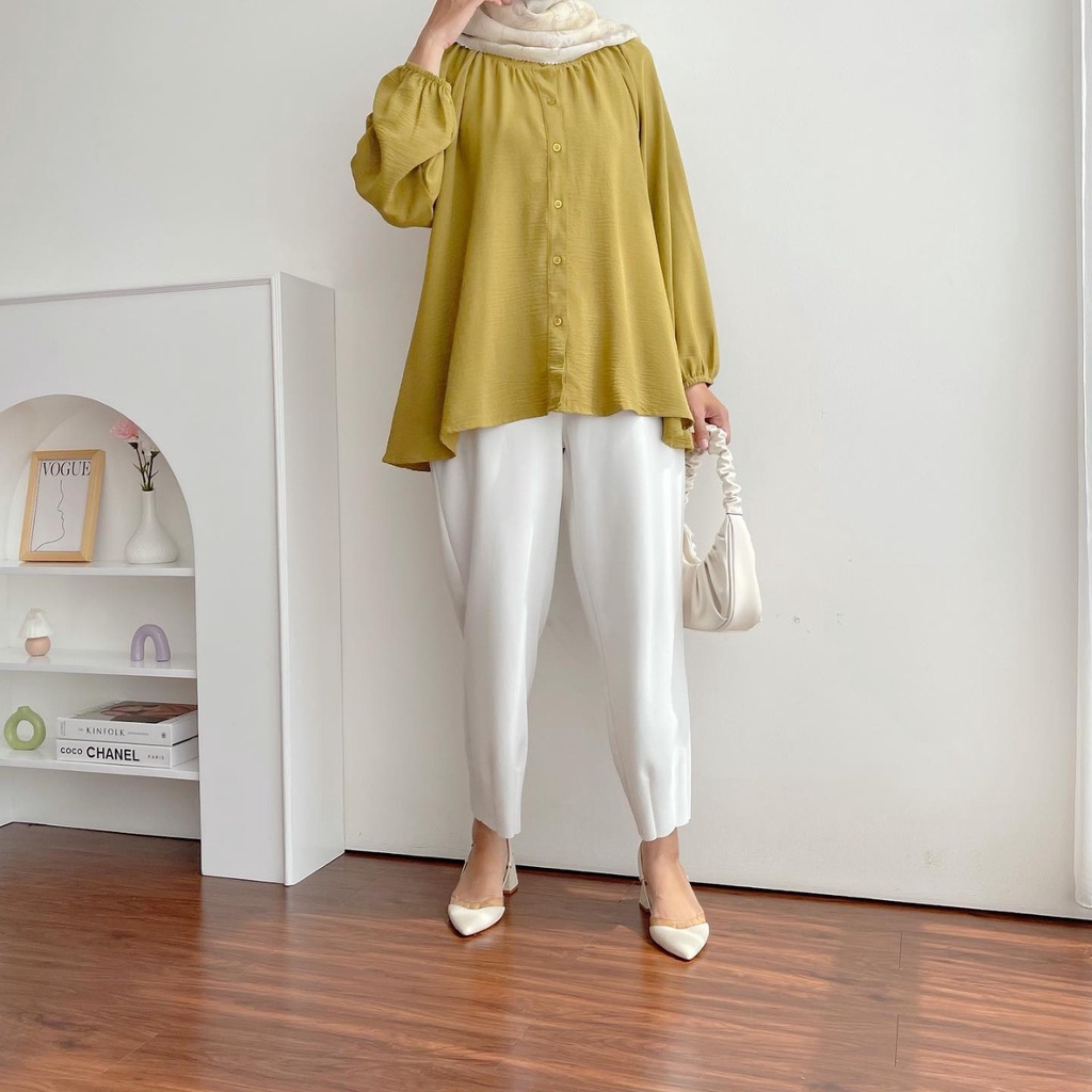 Sachi Blouse Atasan Kemeja Katun Crinkle Polos Oversize Lengan Balon Busui Jumbo Wanita