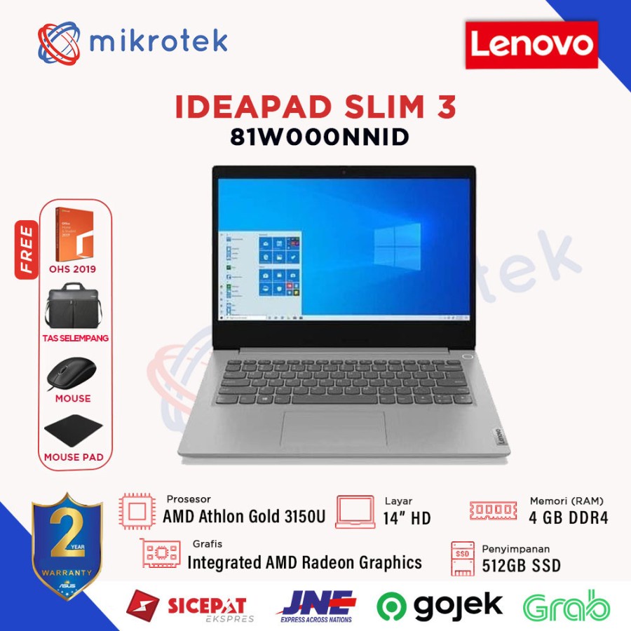 Jual Lenovo ideapad Slim 3 AMD Athlon Gold 3150U 4GB 512GB SSD Win10