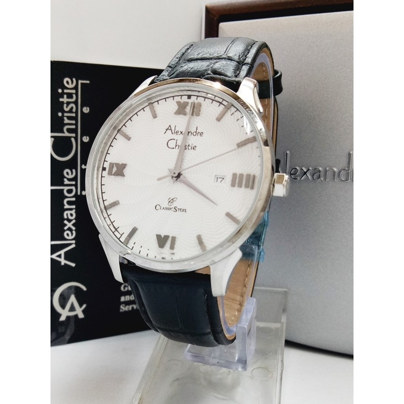 jam tangan pria alexandre christie AC 8457MD HITAM SILVER PLAT PUTIH