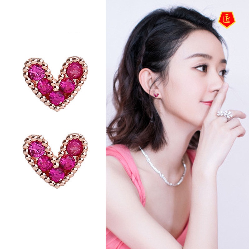 [Ready Stock]Sweet Temperament Red Heart-Shaped Stud Earrings