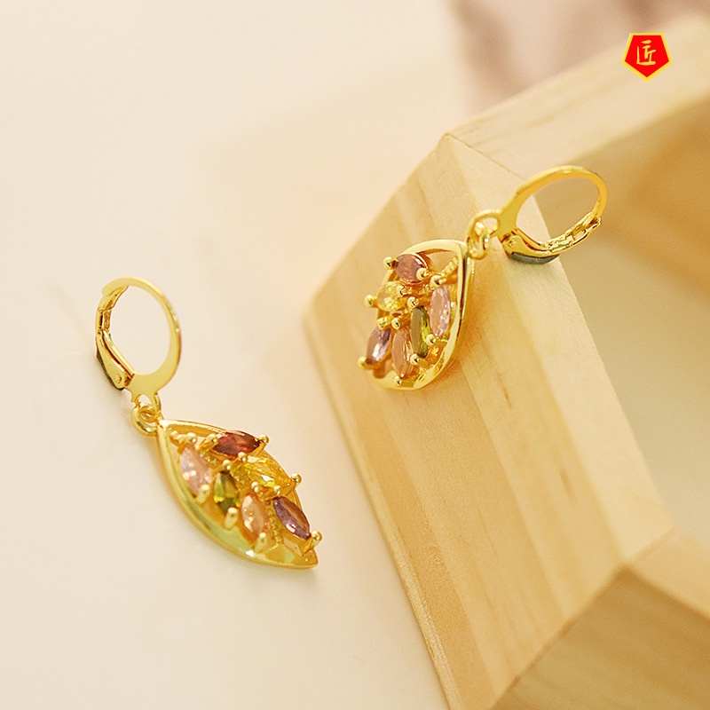 [Ready Stock]New 18K Gold Leaf Inlaid Colored Gemstone Earrings