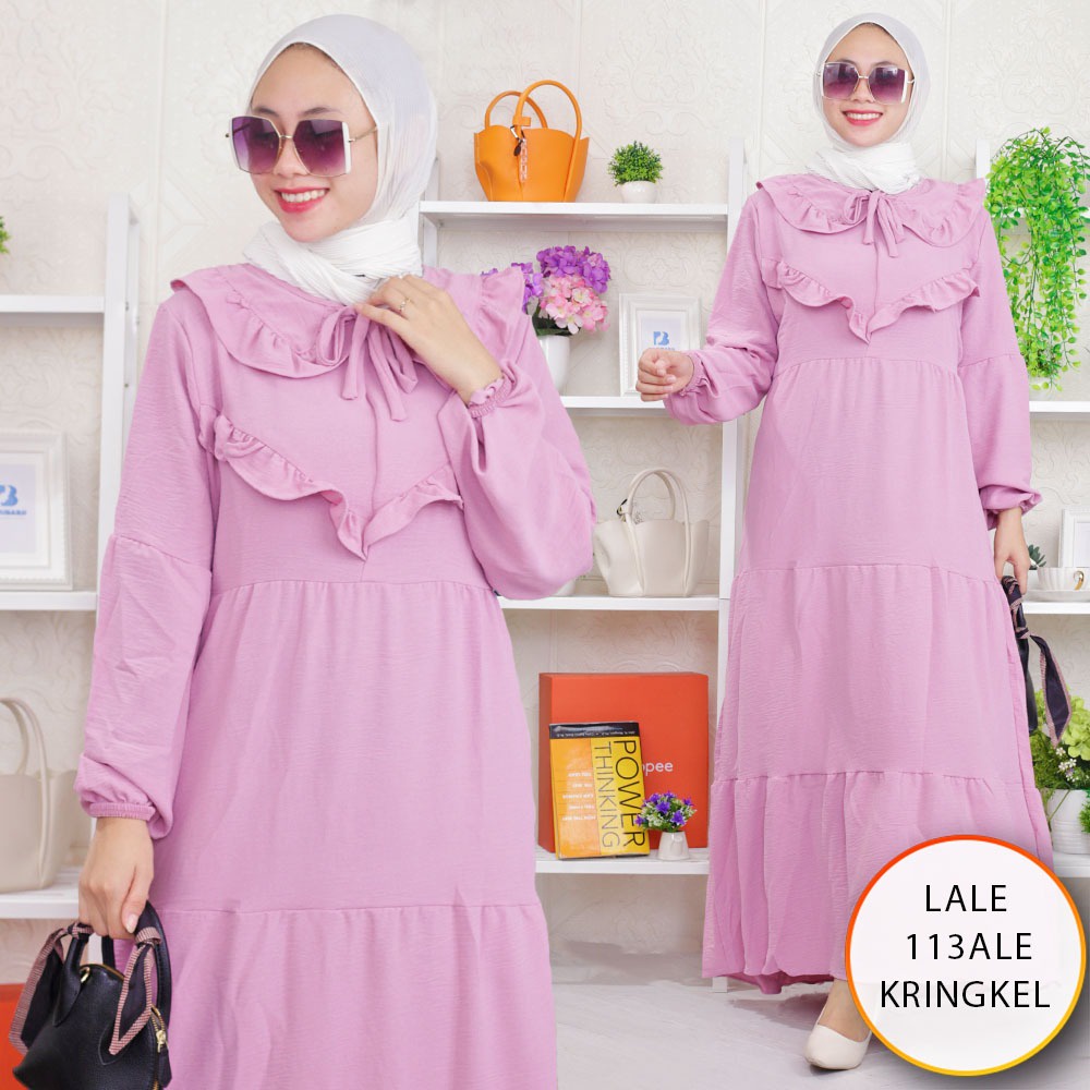 Gamis Wanita Kerah Korea Ruffle Dada Busui Sleting Tali Pita Rimpel Umpak Keliling Lale