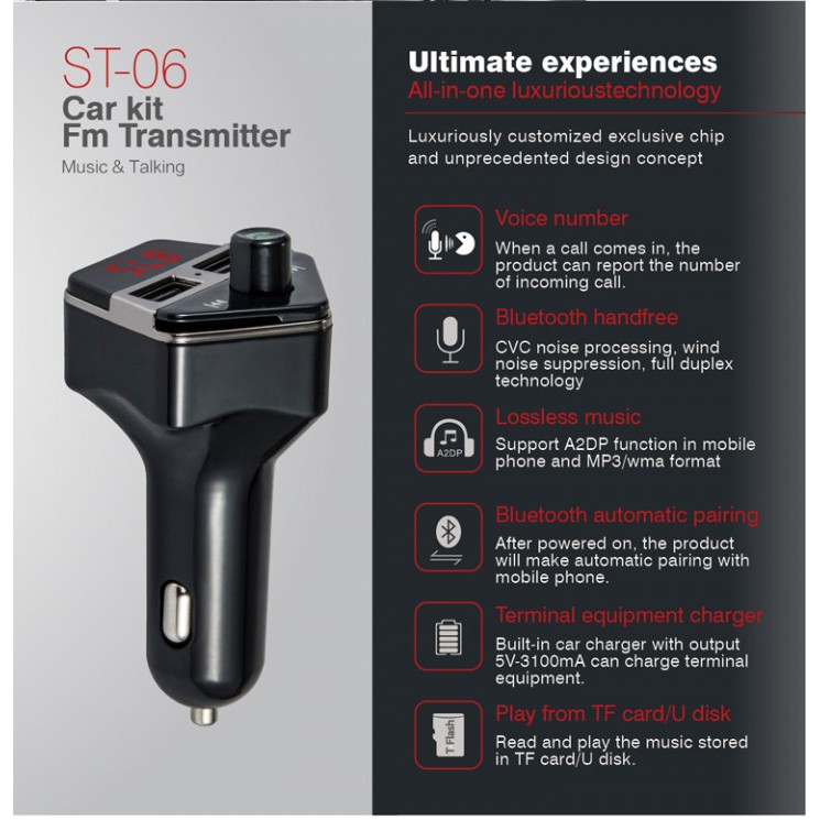 ST06 Bluetooth 3.0 FM Transmitter Radio Stereo Adapter Charger MP3 Player Car Kit Hands Free Call