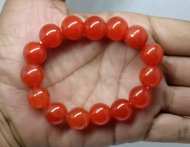 Gelang batu giok merah orange + kotak  12 mm