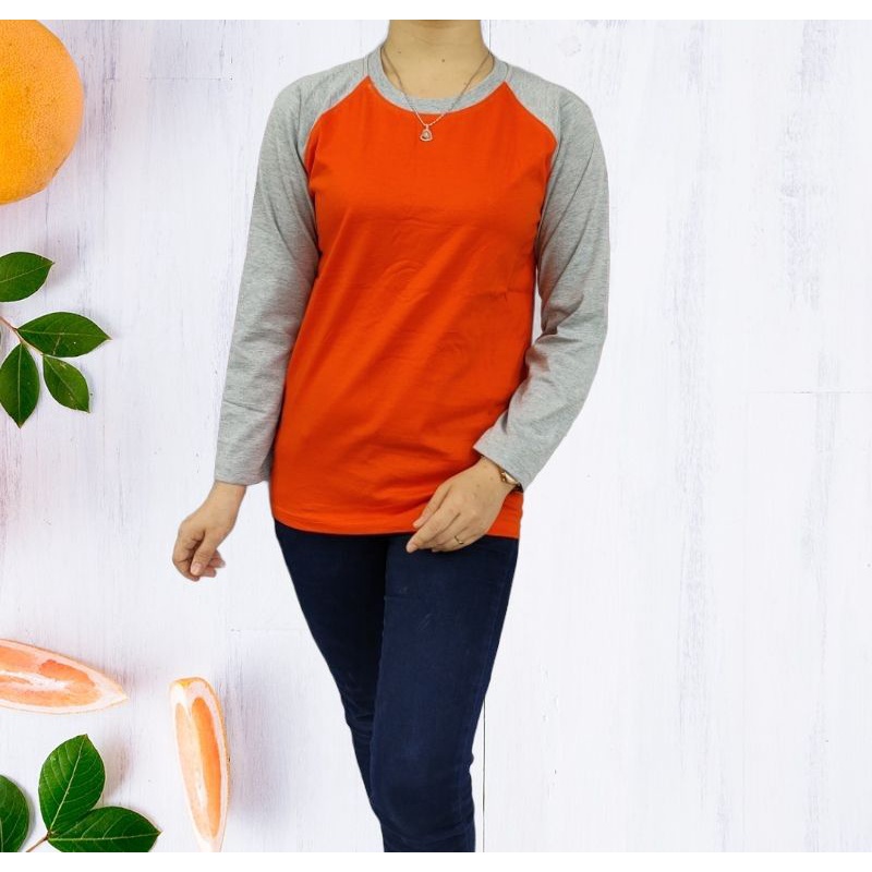 kaos polos reglan wanita (unisex) lengan panjang uk M L XL XXL-Oren-abumisty pjg