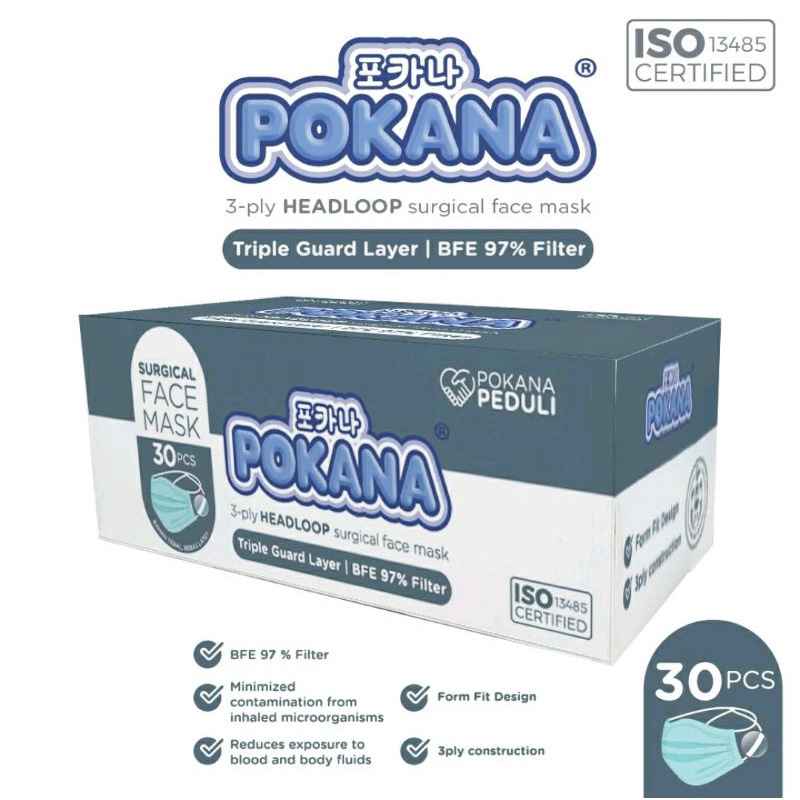 Masker POKANA 3-ply Headloop Surgical Face Masker - Box isi 30 Pcs