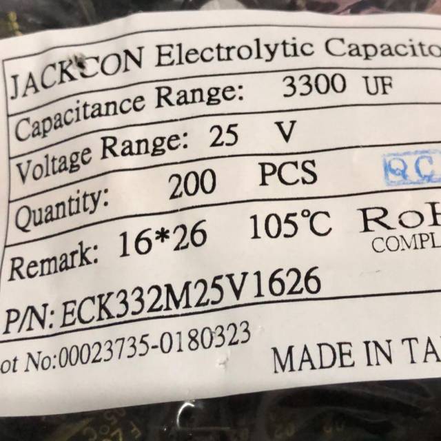 elco 3300uf 25v jackcon taiwan size 16x26 min 200 pcs
