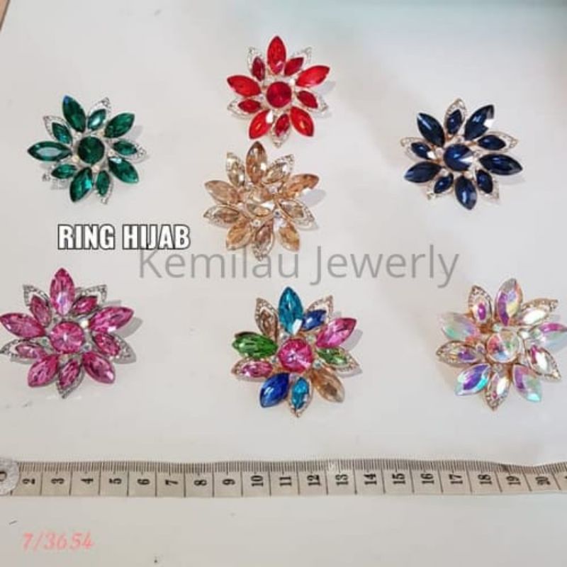 Ring Hijab  besar Kristal bunga Aneka Warna
