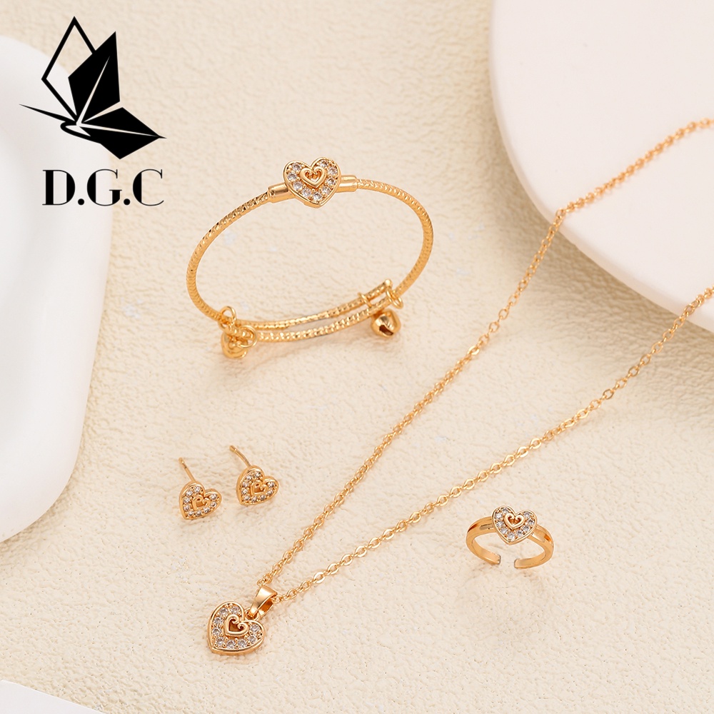 ✨D.G.C✨♥✅Titanium Set Perhiasan Anak Perempuan Satu Set Kalung Gelang Emas Dan Cincin Set Anting Korea Murah D419