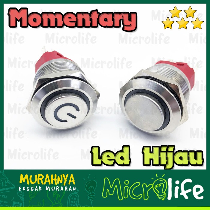 Push on Button Stainless Power LED Hijau 16mm 9-24v Momentary Green