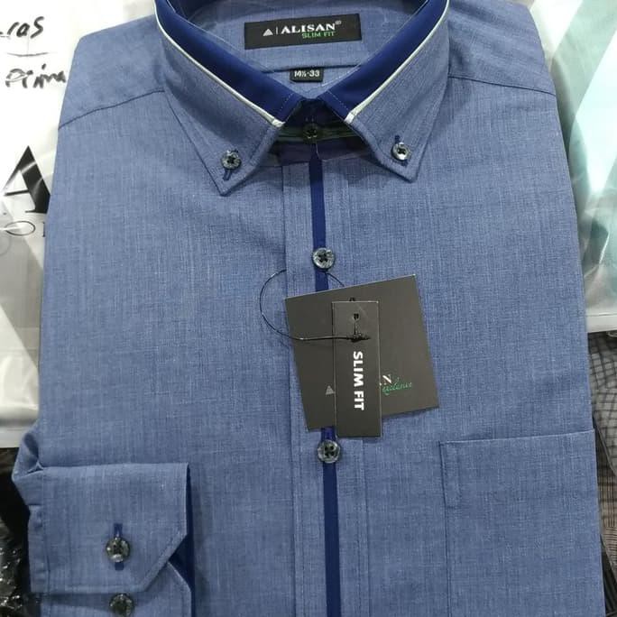 Alisan Kemeja Pria Biru Jeans Slimfit Panjang Katun Titon - Biru, M