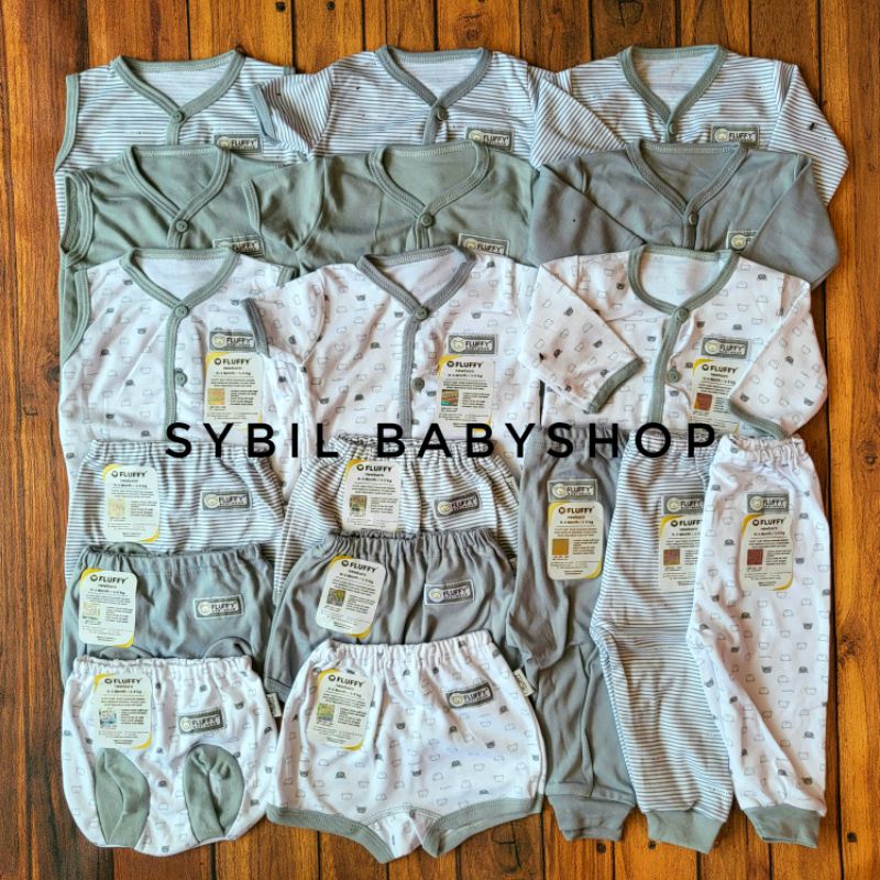 FLUFFY Paket Original Lengkap Baju Bayi (0-3 Bln) Perlengkapan Baru Lahir & Kado Bayi SNI-FLUFFY FULL GREY BIS