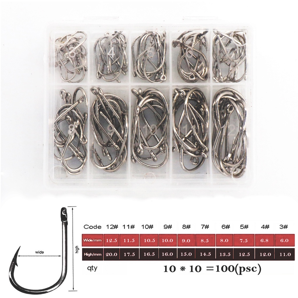 100pcs 3-12# Kail Pancing Bahan Carbon Steel Dengan Case Plastik