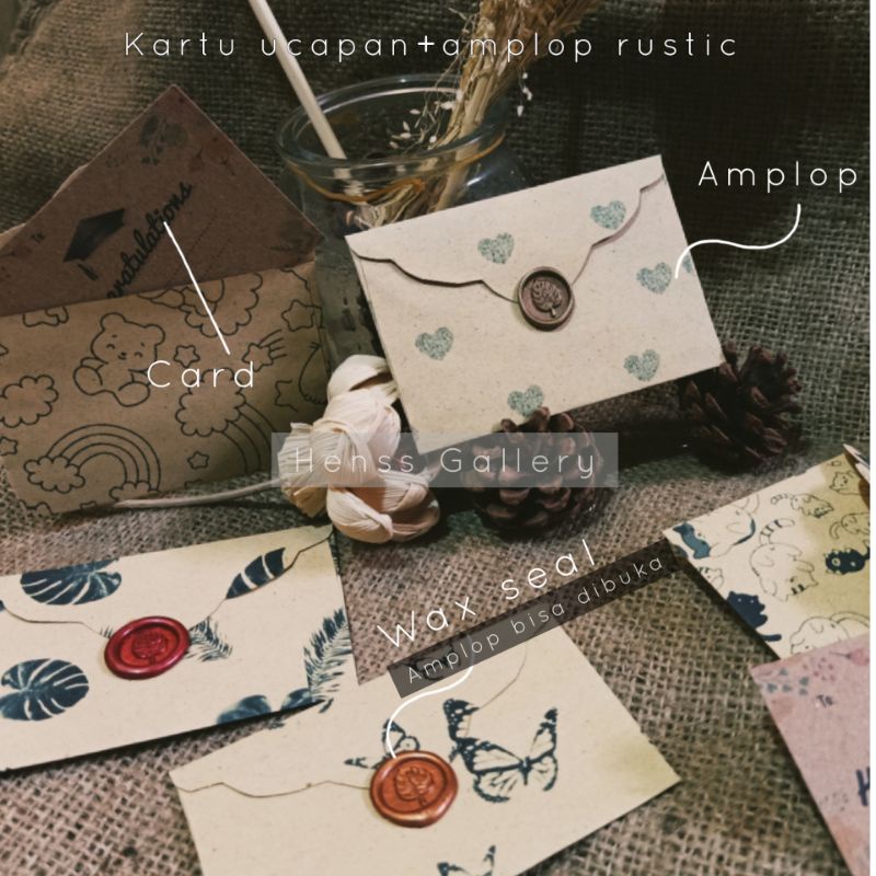 Amplop+kartu ucapan rustik motif aesthetic dan polos dengan wax seal