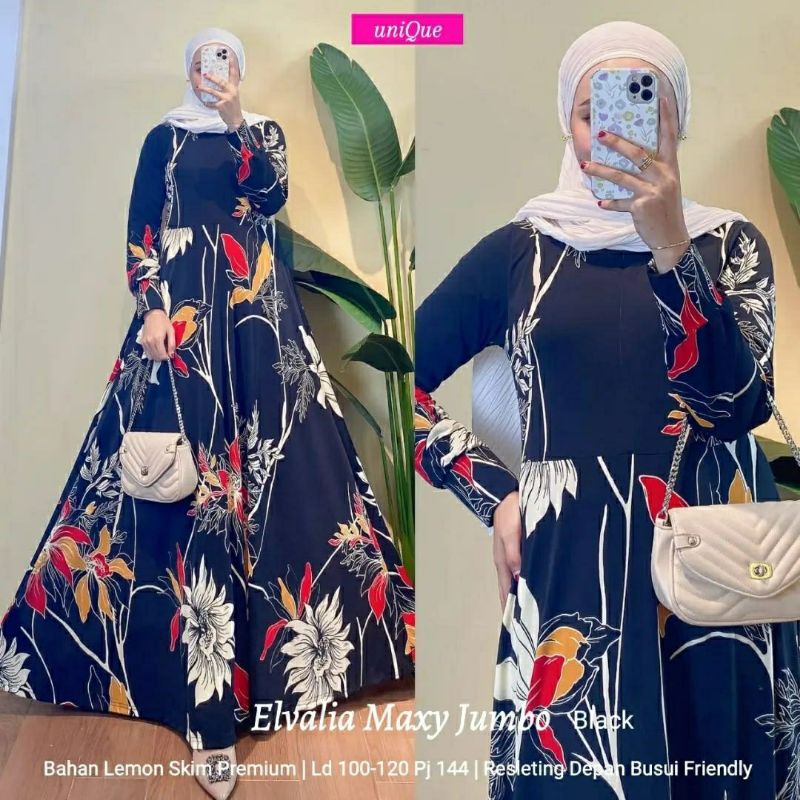 Elvalia Maxy Jumbo, GAMIS WANITA MUSLIM CANTIK FIT XXL LD 100-118 BAHAN LEMON SKIN PREMIUM ZIPPER BUSUI TERMURAH OOTD