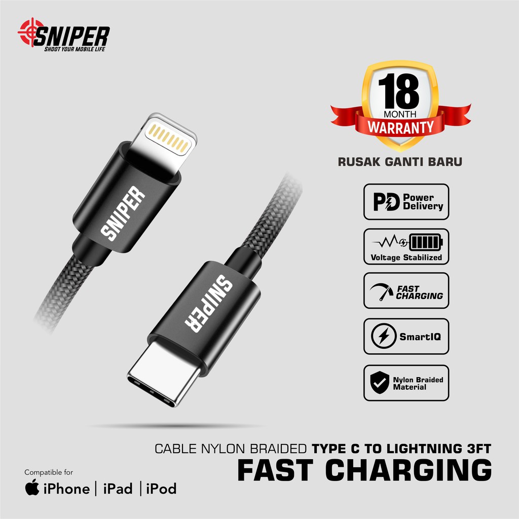 Sniper USB C To Lightning with PD and Quick Charge Cable