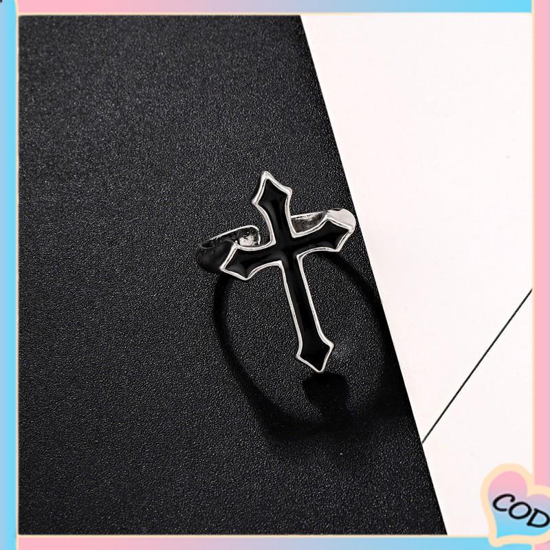 COD❤️ Retro Fashion Cross Cincin Pria Wanita Minyak Menetes Punk Jari Telunjuk Tren Cincin Hitam-A.one