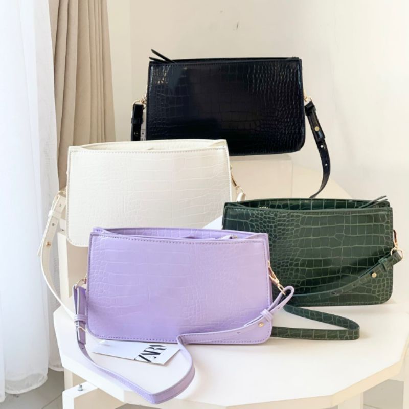 PROMO SALE Tas Zara selempang bahu croco hitam putih ungu lilac hijau