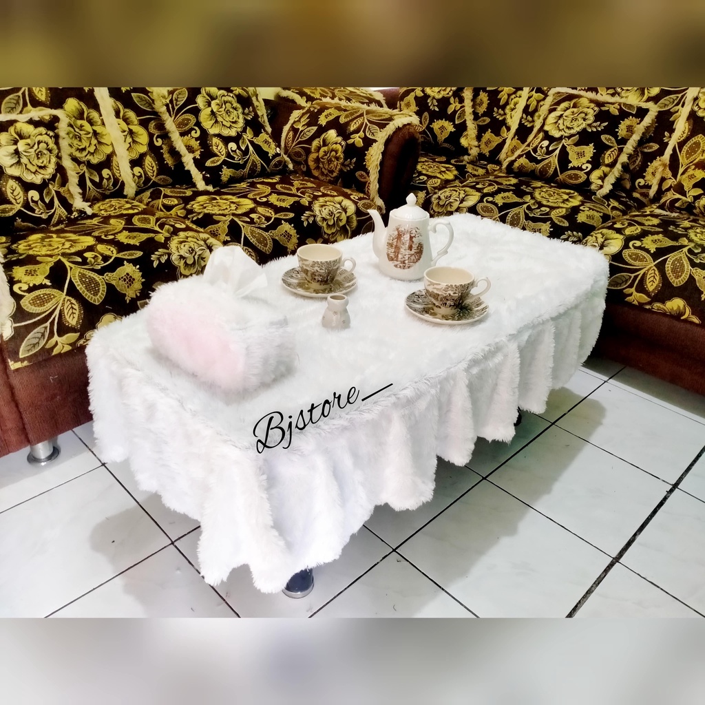 COD Taplak Meja Rumbai / Taplak Meja Rempel Bulu Rasfur PUTIH